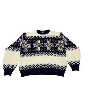 Vintage Fair Isle Snowflake Sweater Navy Cream Gold Ski Size‎ M